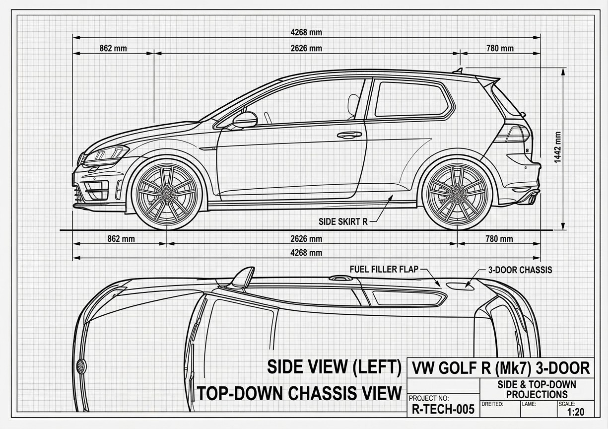 Line drawing of a MK7 Golf R, side view, with dimension lines